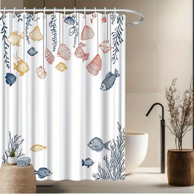 Ocean Themed Shower Curtain, Seashells & Fish Illustration, Fade-Resistant Polyester,  Vibrant Underwater Scene