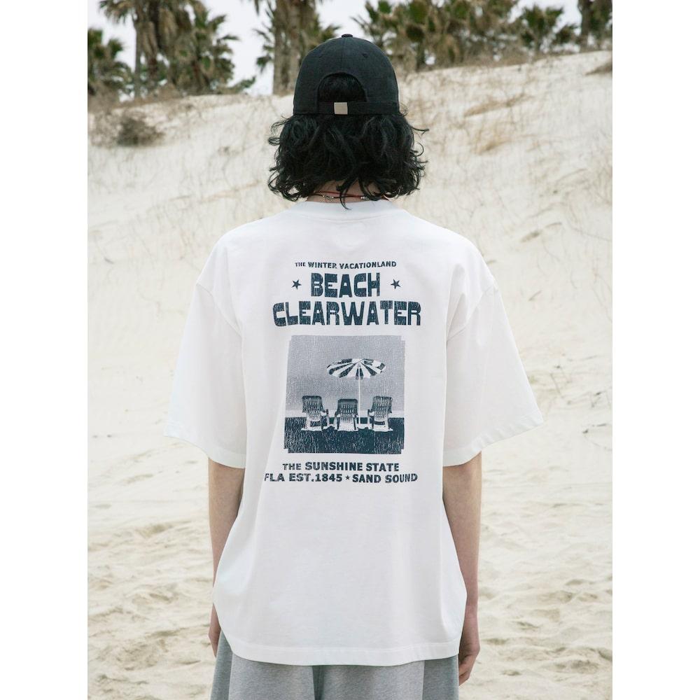 Saendeusaundeu (Unisex) Beach Graphic Oversized Short Sleeve T-Shirt Ivory