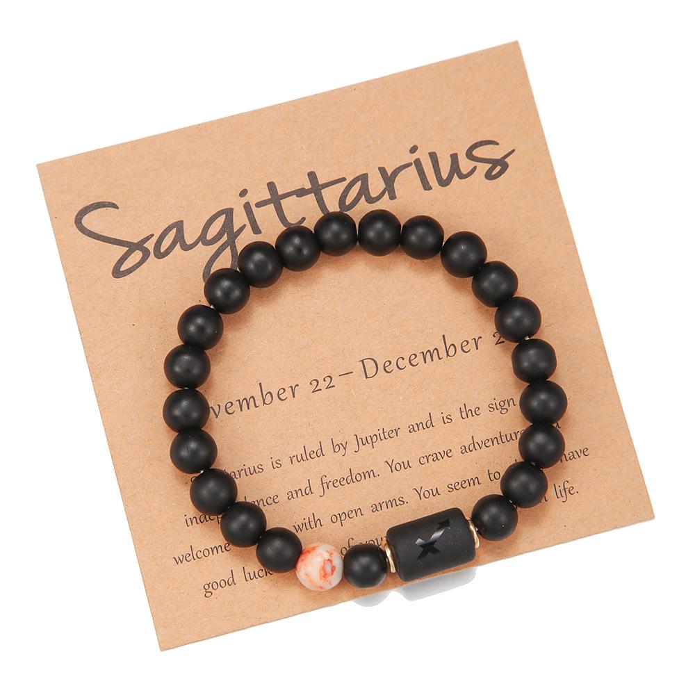 Black Matte Agate Beaded Bracelet with Zodiac Signs - Elastic Buddhist Couple Design