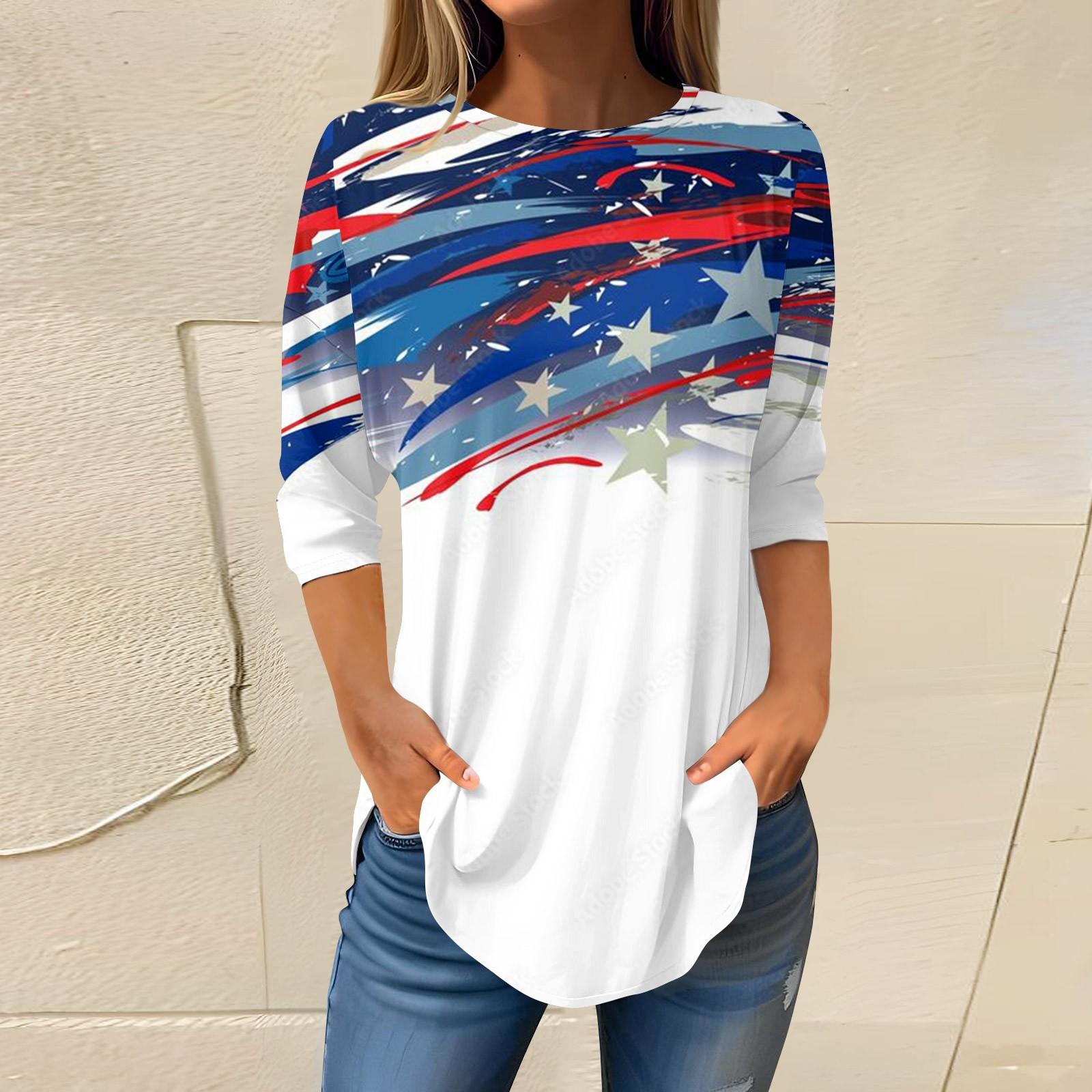 

Жіночі футболки з рукавом 3/4 Сорочки Пуловери до Дня Незалежності Літо Весна Топи Блузки XL білий