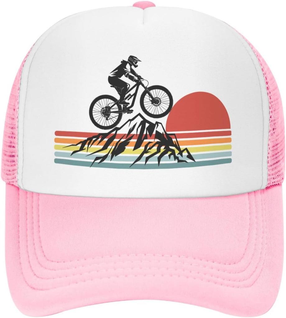 Mountain Biking Sunset Graphic Trucker Hat Polyester Mesh Adjustable Outdoor Cycling Baseball Cap