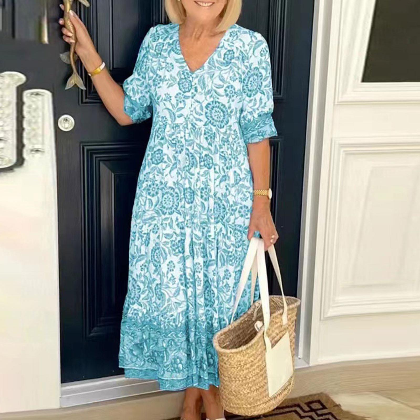 Сексуальные платья для женщин, богемный цветочный принт, сексуальный V-образный вырез с коротким рукавом, пляжная струящаяся вечеринка макси L синий