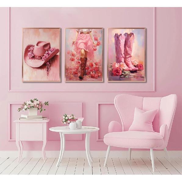 3pcs Pink Cowgirl Canvas Wall Art Funky Cowgirl Boots Posters Prints Paintings Western Flower Boots Hat Aesthetic Pictures Wall Decor for Preppy Room