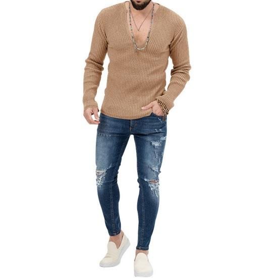 Men Fall Winter Sweater V Neck Slim Fit Long Sleeve Elastic Knitted