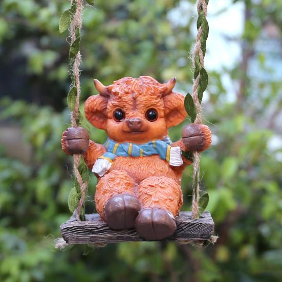 Yousheng Car Interior Pendant Highland Cow Rear View Mirror Hanging Pendant Easy Installation Resin Figurine Garden Bookshelf Decor
