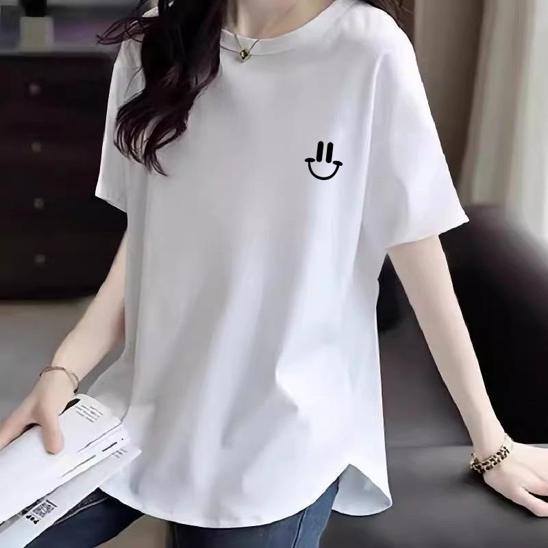 Women's Irregular Arc Hem Short-Sleeve Cotton T-Shirt - Plus Size, Slimming, Versatile Summer Top