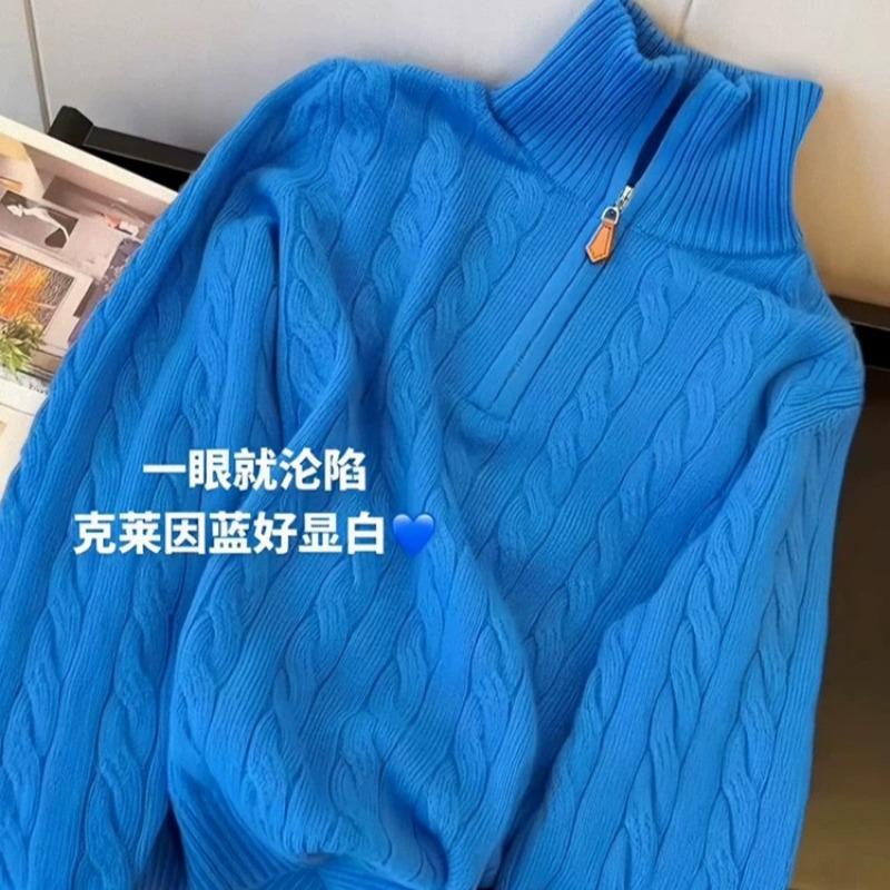 High-end blue half-zipper wool sweater women's clothing autumn and winter new loose casual age-reducing half-turtleneck slim top