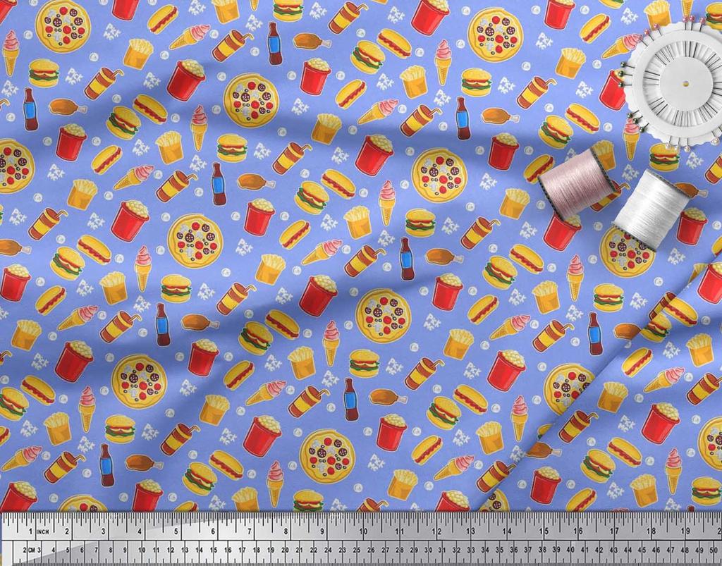 Soimoi Japan Crepe Satin Fabric Cold Drink,Pizza & Burger Food Printed Fabric 1 metre 42 Inch