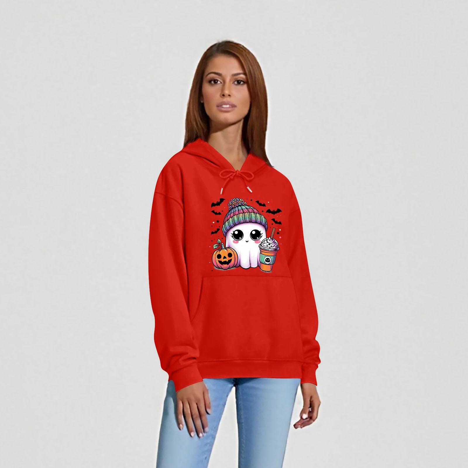 

Женская однотонная толстовка с капюшоном с длинным рукавом и принтом на Хэллоуин S