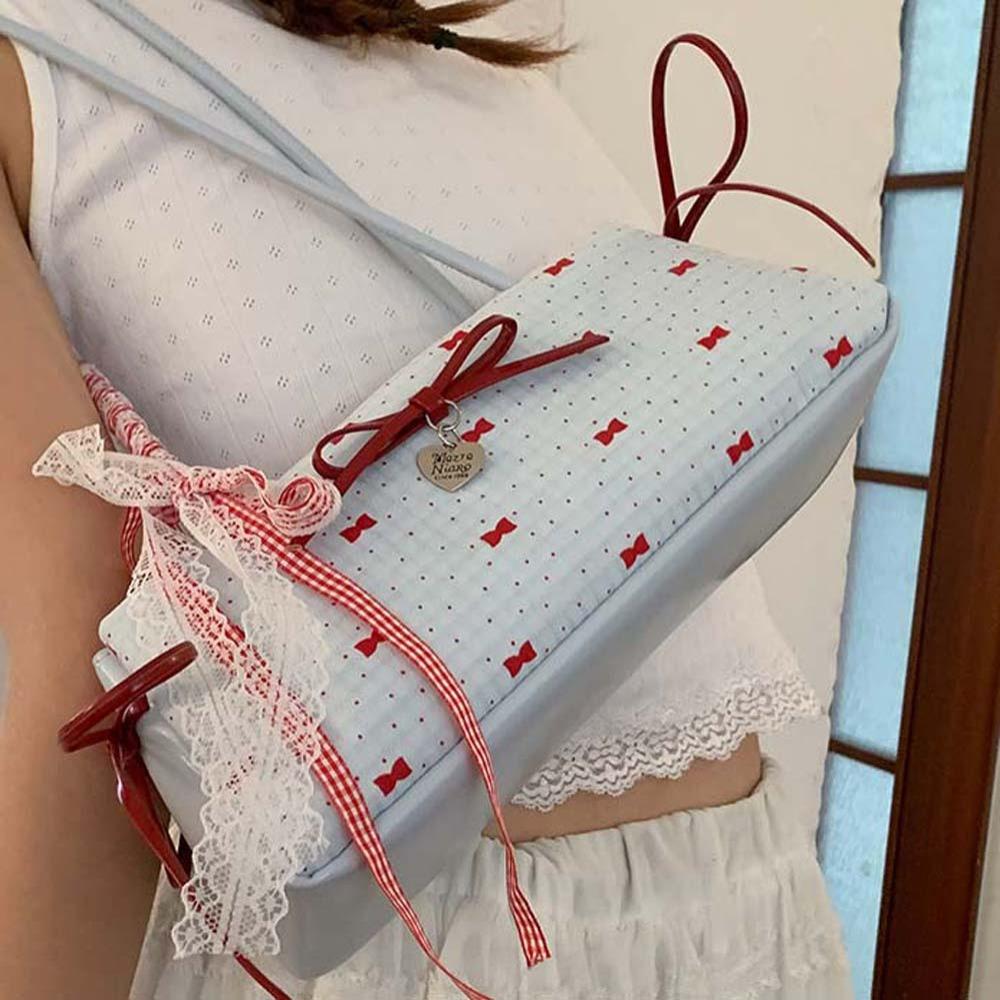 Sweet French Stick Handbag Lace Ribbon Underarm Bags Shopping Bow PU Shoulder Bag Daily