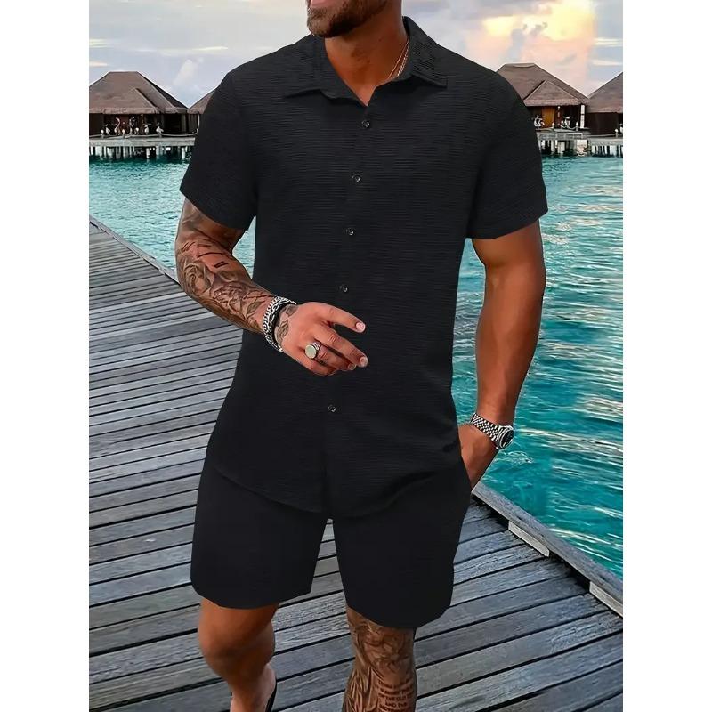 Mens Casual Solid Color Textured Short Sleeve Shirt And Shorts Two Piece Set