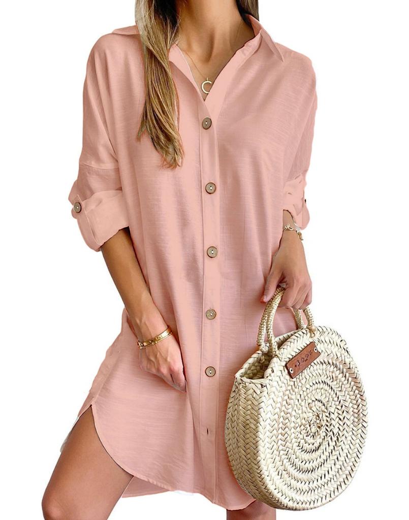 Solid Color Button Front Shirt Dress Casual Long Sleeve Lapel Dress for Spring Fall Women's Clothing