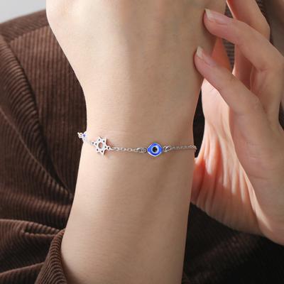Lucktune Blue Turkish Evil Eyes Chai Pendant Bracelet Stainless Steel Star of David Bracelet For Women Vintage Amulet Jewelry
