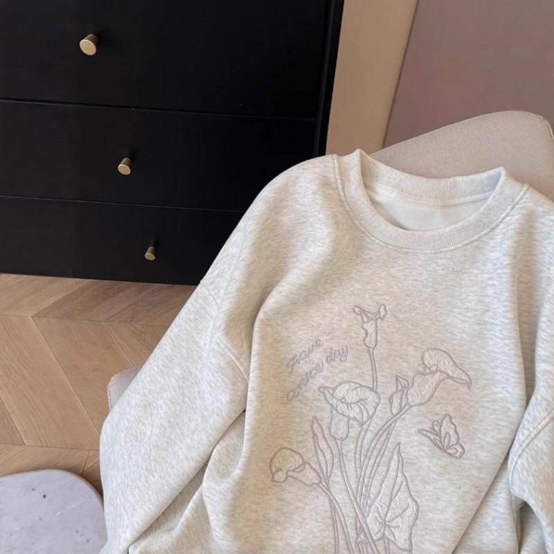 Womens 2026 Winter Loose Sweatshirt Floral Embroidery Lace Splice Casual Top