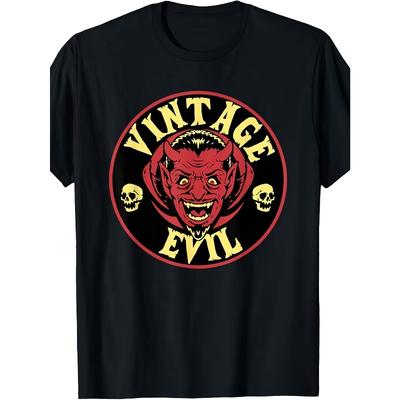 Taglie Europee T-shirt Uomo Pesante Retro con Motivo Demone T-shirt Retro Punk Rock, Accattivante con Design Faccia e Corna di Demone, Maglietta Casual Girocollo