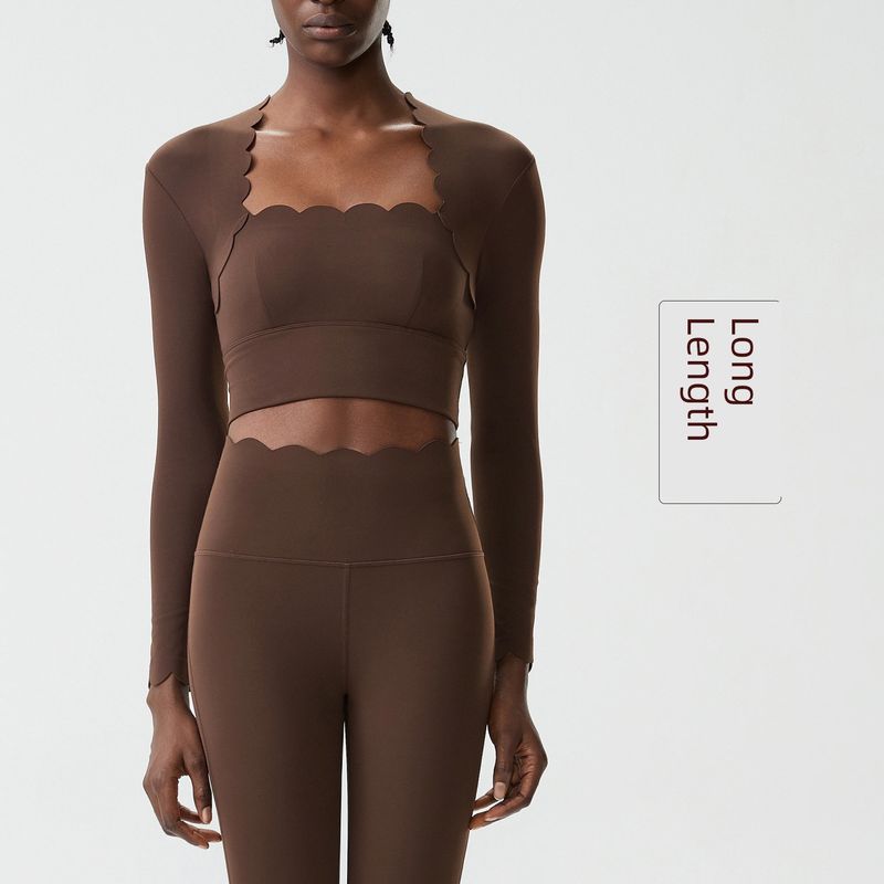 

European and American Style Wavy Edge Sports Long-Sleeve Women s Top with Chest Pads, Square Neck, Lace Trim, Short Fitness Top, Pilates Yoga Wear Distilled Coffee - Long Style M
