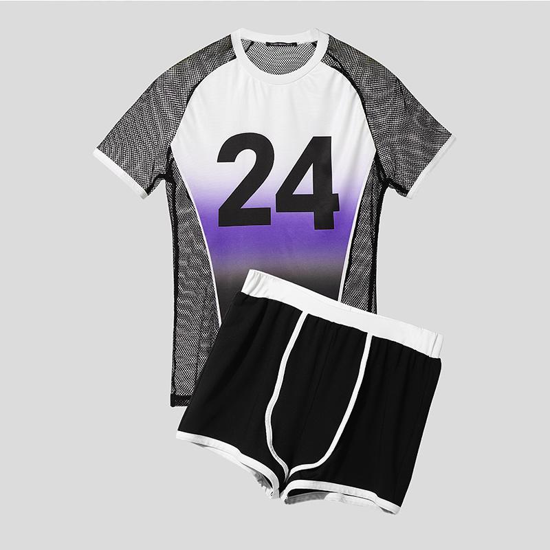 

INCERUN Two-piece Suits Men Mesh Sheer Patchwork Tops Shorts Outfit Casual Sport Sets 5XL фиолетовый