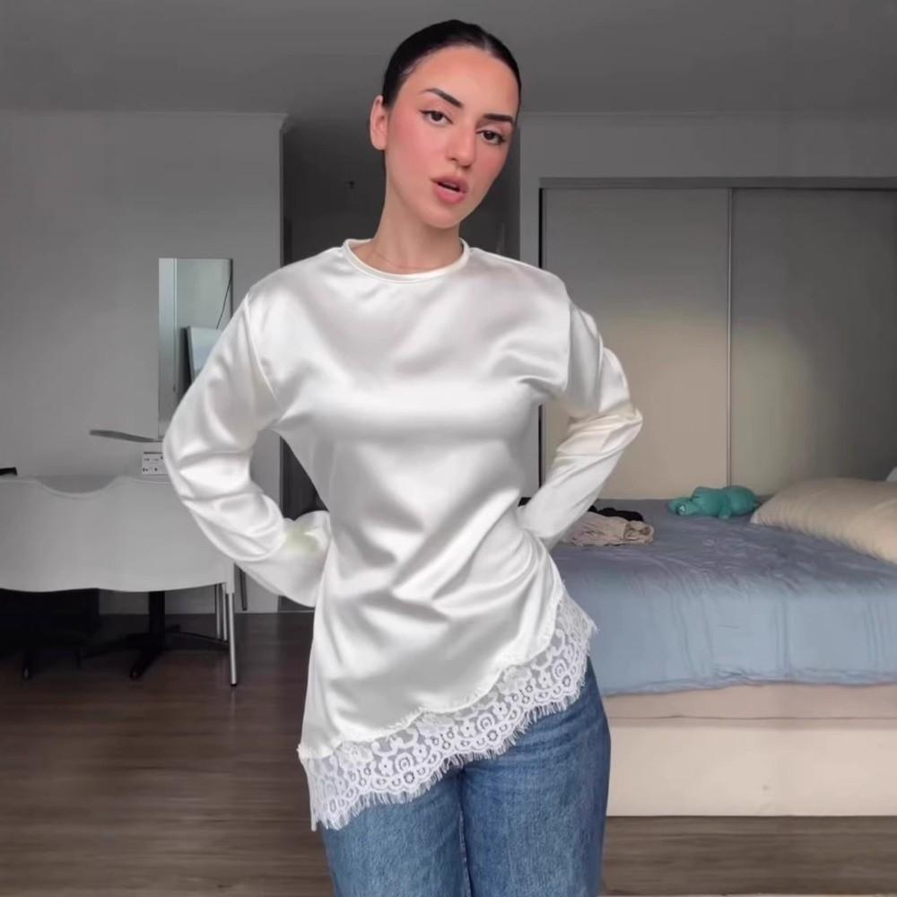 Satin Lace Patchwork Long Shirt Round Neck Slim Belted Blouse Women's Lace-up Tops  Office Ladies