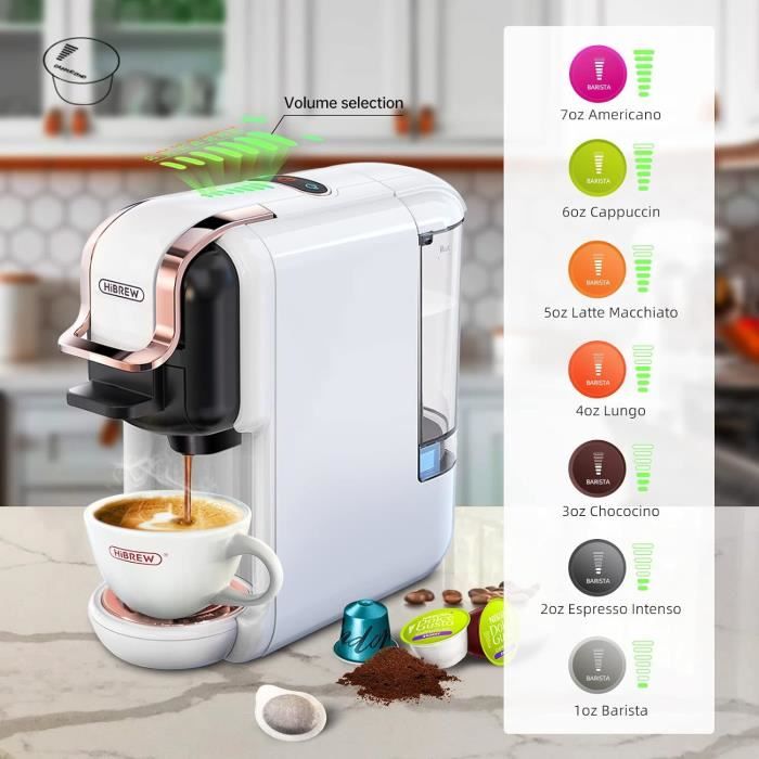 Machine à Café Multi Capsules - HiBREW - 5 en 1 - Pression 19 Bars - Arrêt Automatique - Blanc