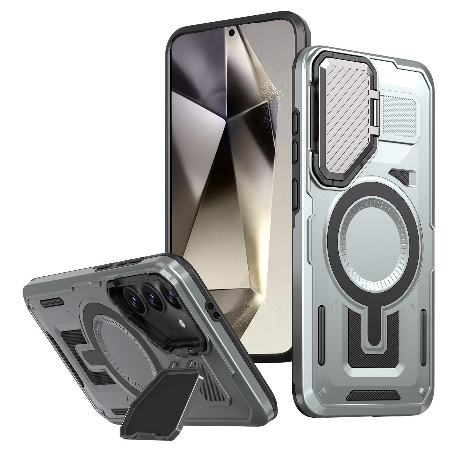 

For Samsung Galaxy S25/S24 Case Compatible with MagSafe Lens Lid Kickstand PC+TPU Back Cover Silver