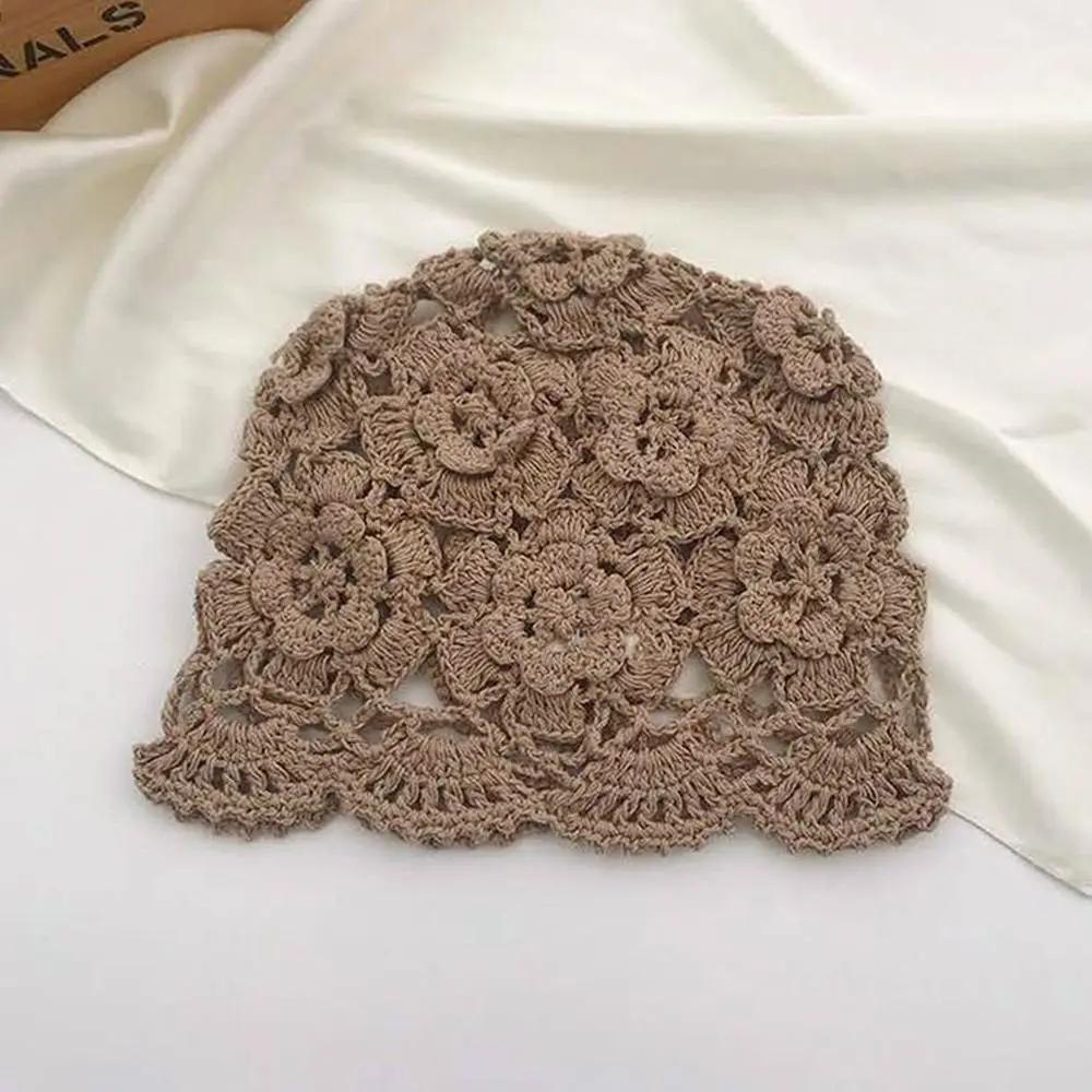 Breathable Hollowed Out Baotou Hat Flowers Casual Knitted Hat Summer Thin Beret Cap for Women