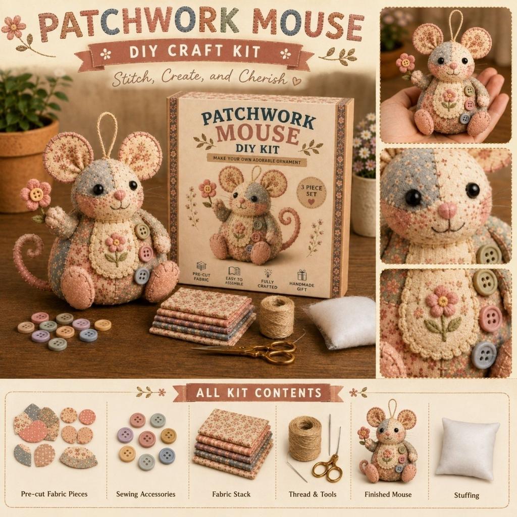 Patchwork Mouse DIY Handmade Ornament Kit Fabric Sewing Craft Set with Embroidery Details for Home Decoration Hanging Gift