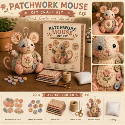 Kit de Patchwork Souris DIY Ornement Fait Main Ensemble d'Artisanat Couture Tissu avec Détails Brodés pour Décoration Intérieure Cadeau Suspendu