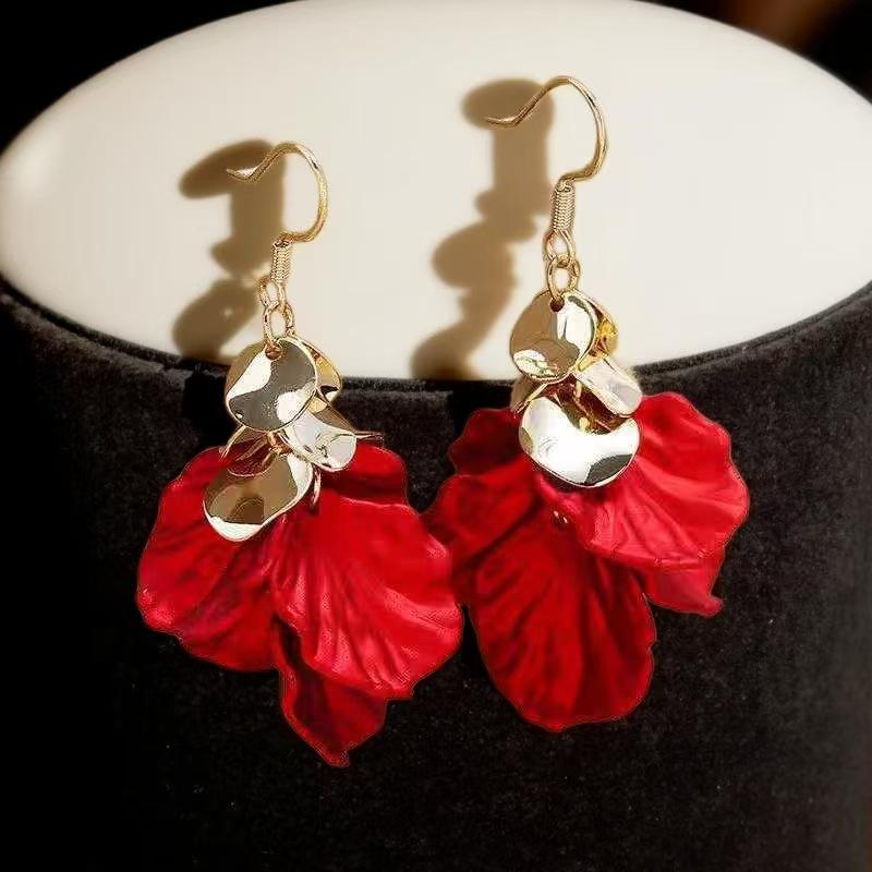 Hong Kong Style Pearl & Red Petal Long Tassel Earrings - Elegant High-End Accessories for Women