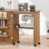Folding Sewing Table, Drop-Leaf Front, Storage Bins, Open Shelf, Casters, Brown
