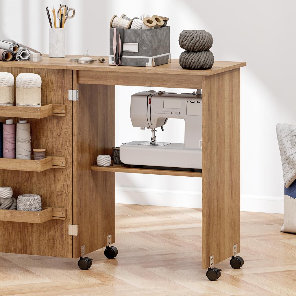 Folding Sewing Table, Drop-Leaf Front, Storage Bins, Open Shelf, Casters, Brown