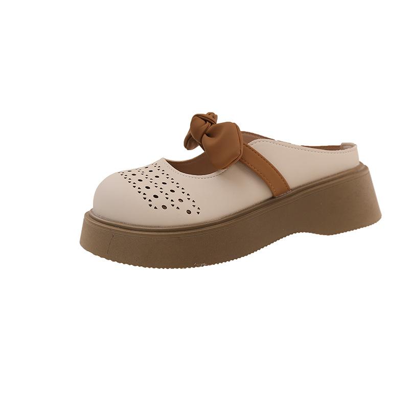 2025 new square head thick heel color matching bow Mary Jane shoes women's fashion versatile French temperament slippers