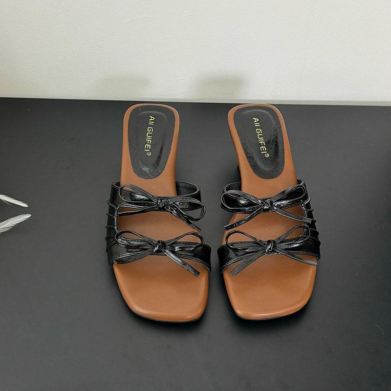 Fashion Fashion Square Toe Ladies 4cm Heels Sandals Slides Female Butterfly-Knot Footwear Elegant Women Heeled Sandals Shoes Pumps