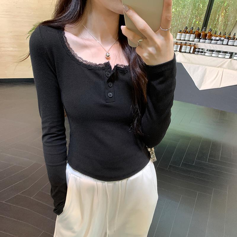 Designed Girly Lace Stitching Button Square Collar Bottoming Shirt T-shirt Women's Long-sleeved Simple Versatile Slimming Top