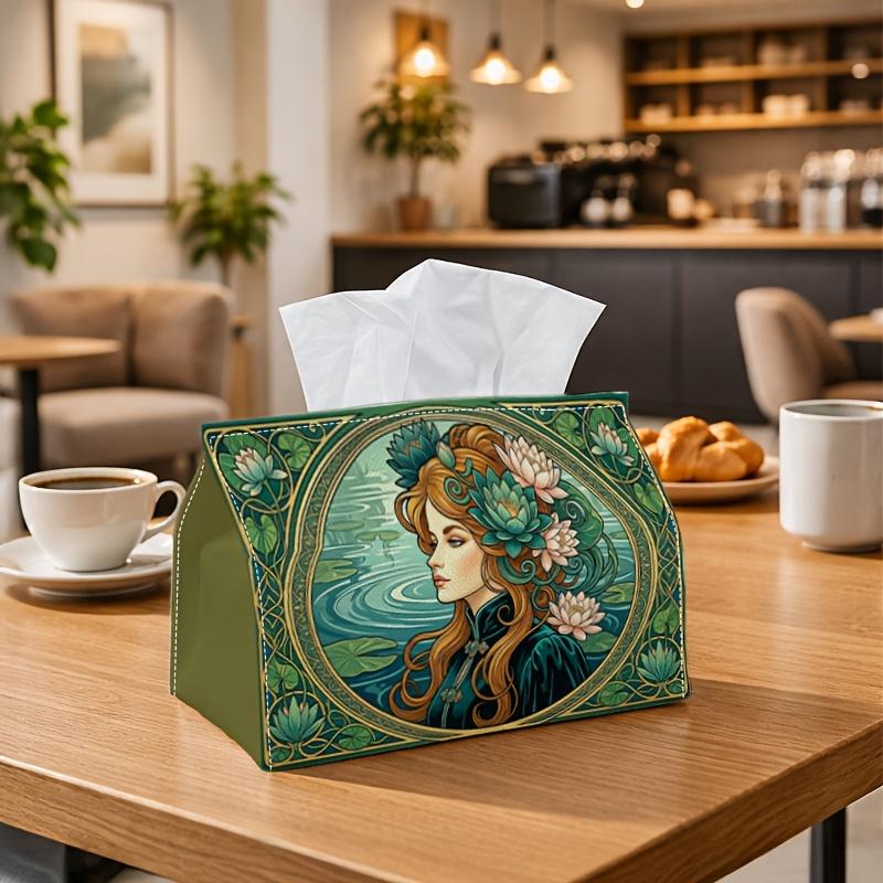 1pc Party Tissue Box,Art Nouveau Vintage,Multifunctional Tissue Holder,Woman Portrait Botanical,Outdoor Party Supplies, Everyday Desktop Tissue Storag