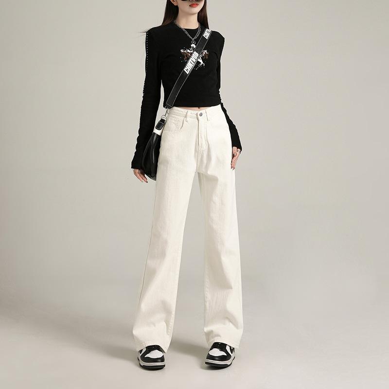 On-white Jeans Narrow Version Straight-leg Pants for Women's Spring and Autumn New High-waist Slimming Loose Wide-leg Pants