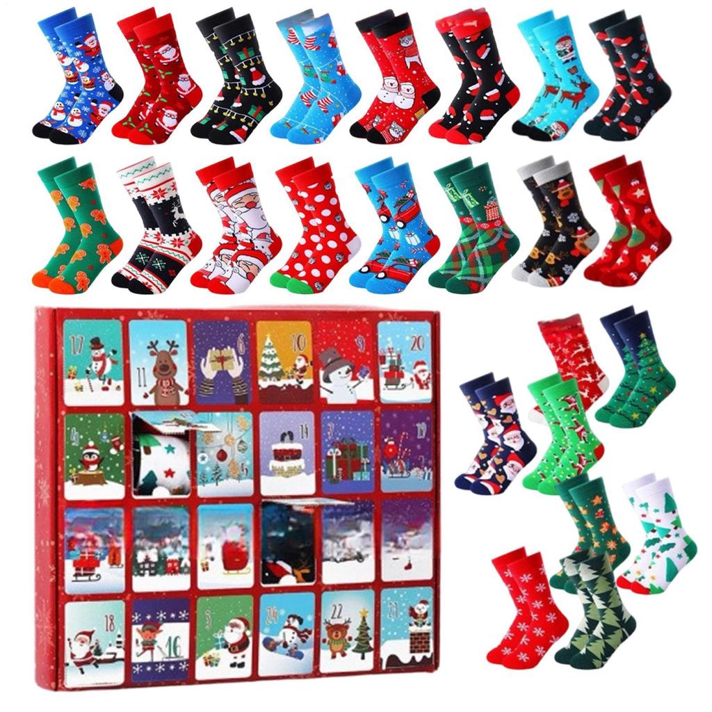 24-Day Funny Christmas Advent Gift Box Christmas Eve Autumn/Winter Mid Socks Countdown Calendar Box Gift Christmas Socks For Kid