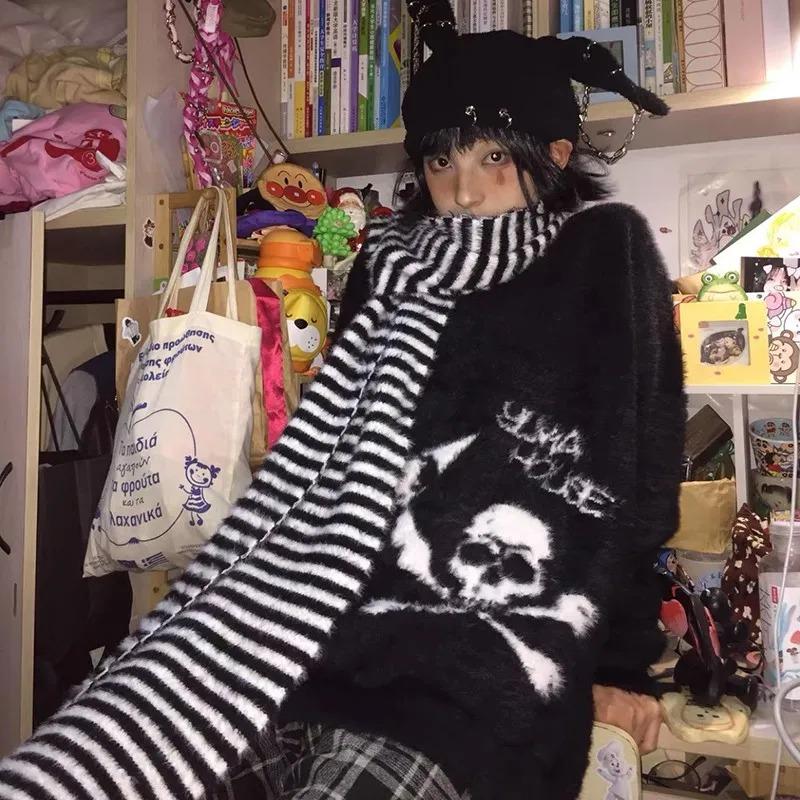Suéter de Calaveras Gótico Grunge Estética Oscura Jersey de Punto Cuello en V Harajuku Holgado Mohair Pulóver Emo Alt Punto Y2k