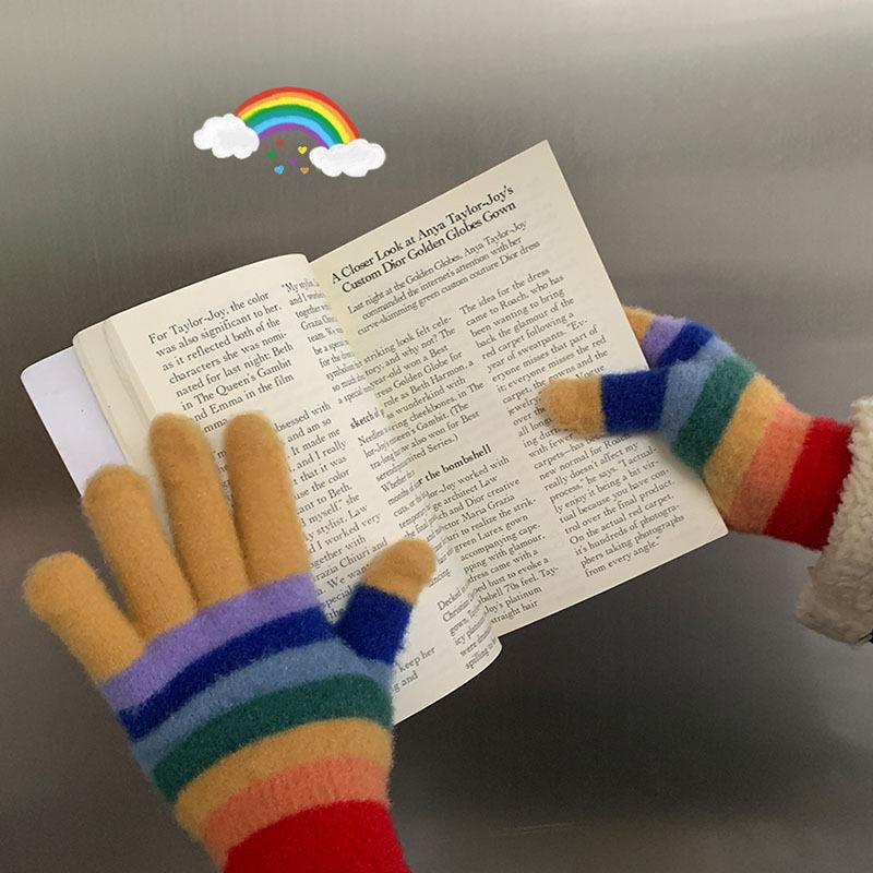 

New Striped Gloves for Women Winter Cycling and Skiing Warm and Windproof All Inclusive Split Fingered Students Can Touch The Screen To Drive M