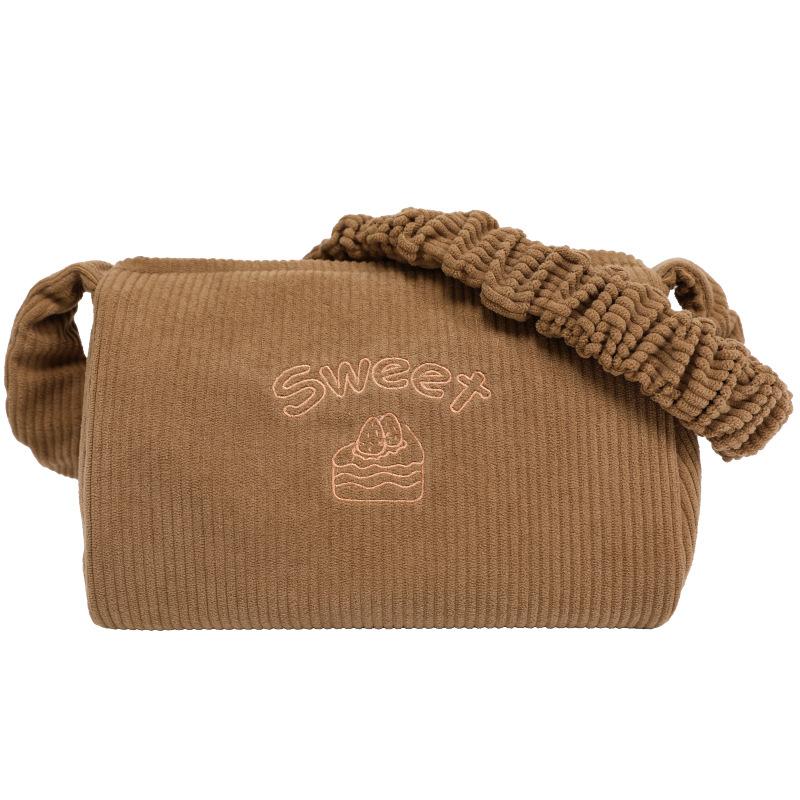 

Corduroy bag female college girl retro pillow bag solid color shoulder armpit bag темно-коричневого кольору