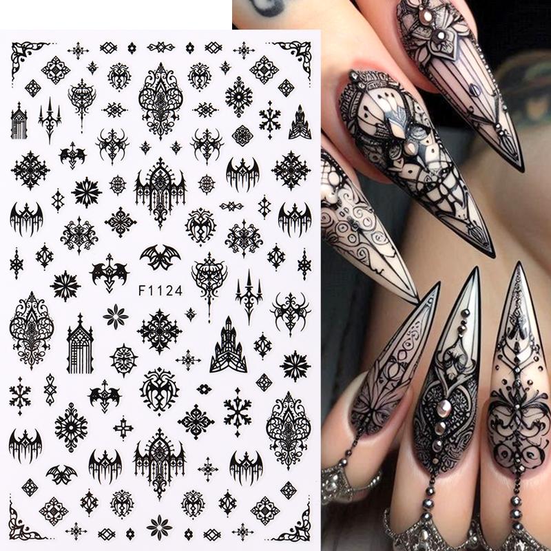 Gothic Black Sticker For Nails Elegant Wedding Laced Designs Spooky Halloween Bat Skull Adhesive Foils Sliders Nail Art Decor