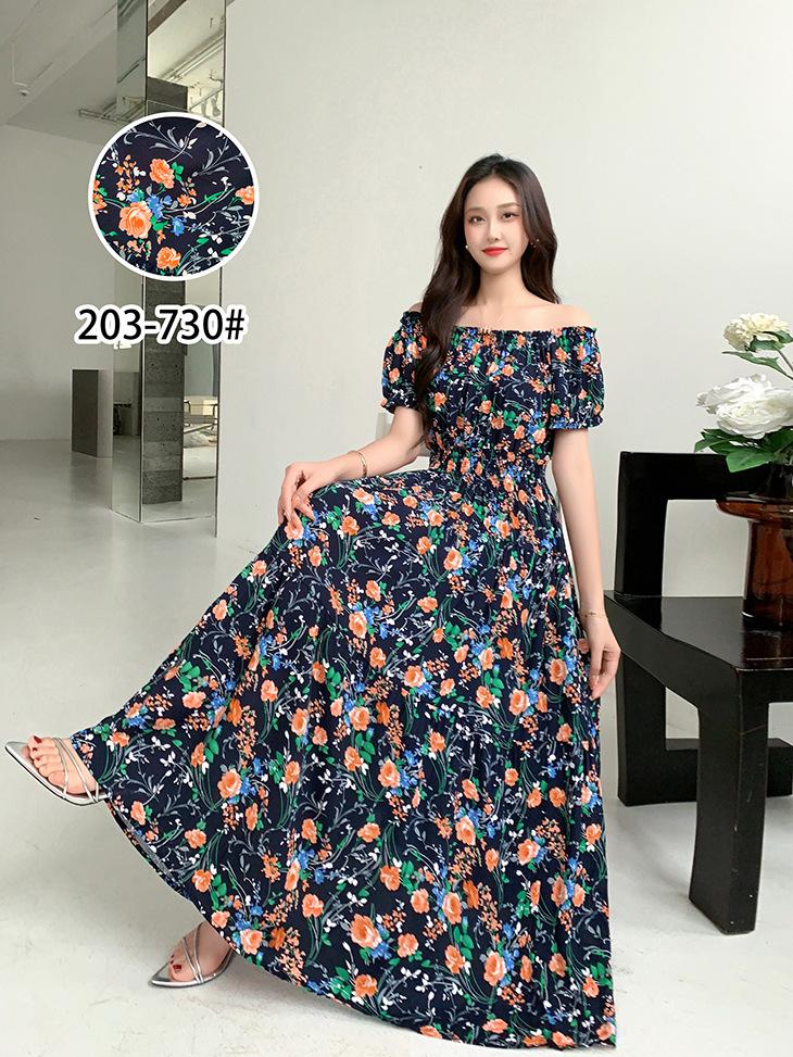 2024 Women's Beach Dress Short Sleeve Floral Dress Cotton Travel Vacation Bohemian Skirt Summer Halter
