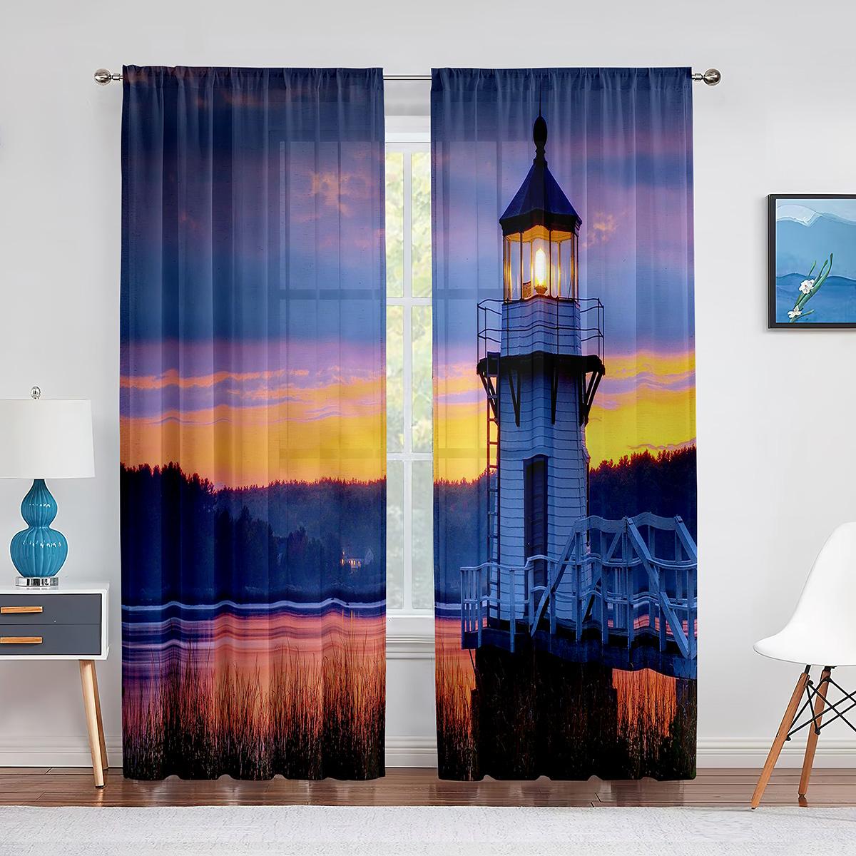 Маяк Восход Морского Побережья Пейзаж Прозрачная Вуаль Шторы для Гостиной Спальня Кухня — фото 4