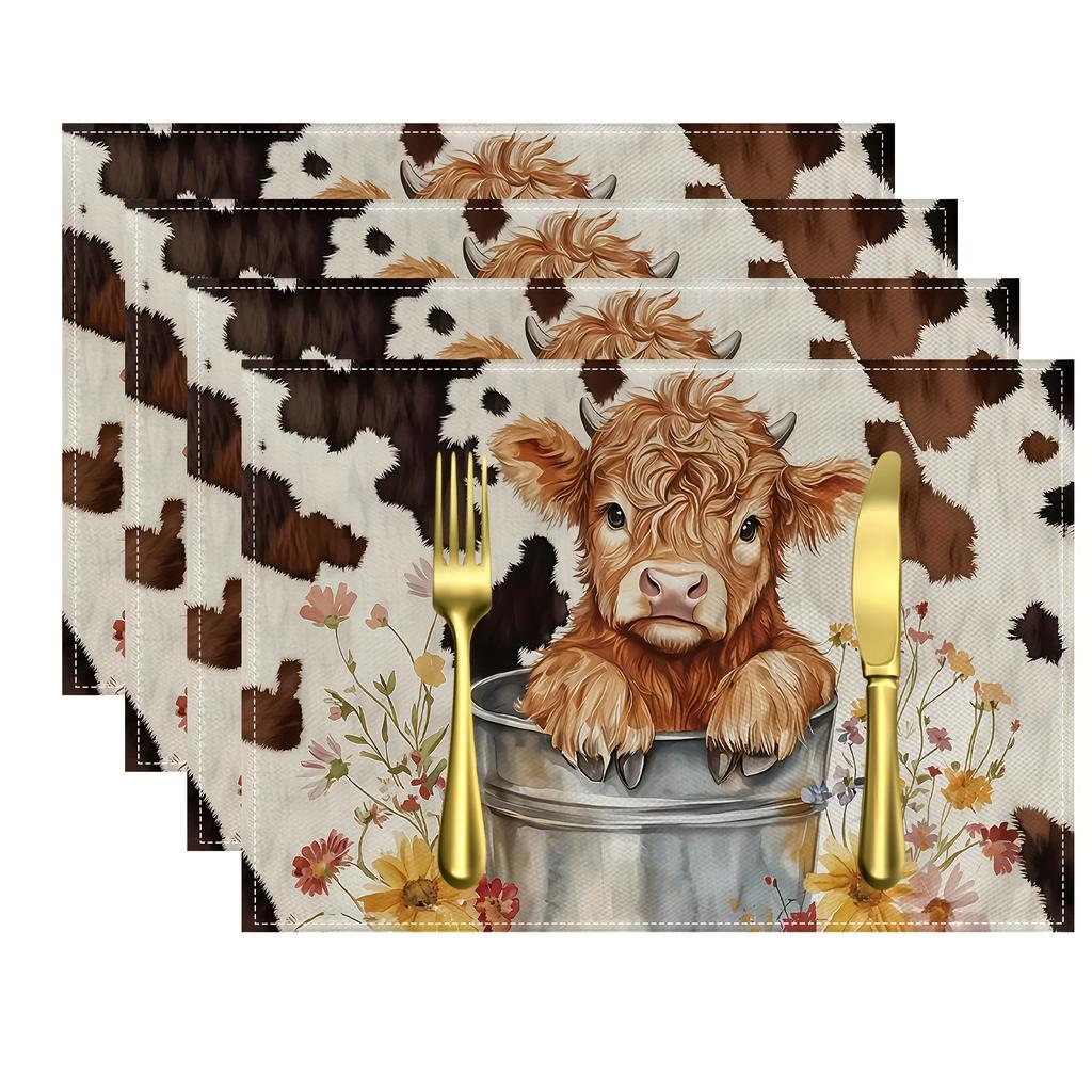 Set von 4/6 Blumige Küchentischdekoration Farm Hochlandkuh Restaurant Dekoration 100% Leinen Quadratische Tischsets Handwäsche Entzückende Kuhmuster Platzsets