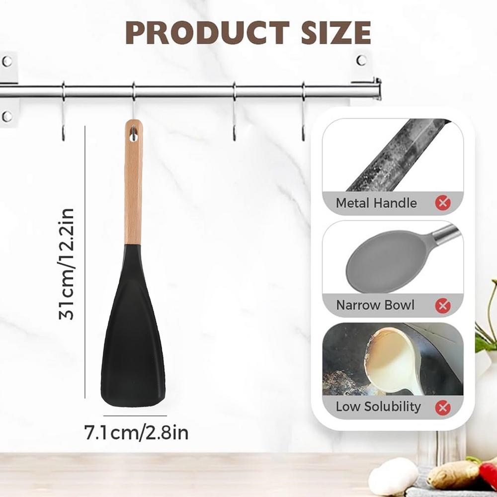 

Кулинарная ложка для посуды с антипригарным покрытием, силиконовая ложка-лопатка, термостойкая, антипригарная, с деревянной ручкой для приготовления пищи и выпечки чёрный