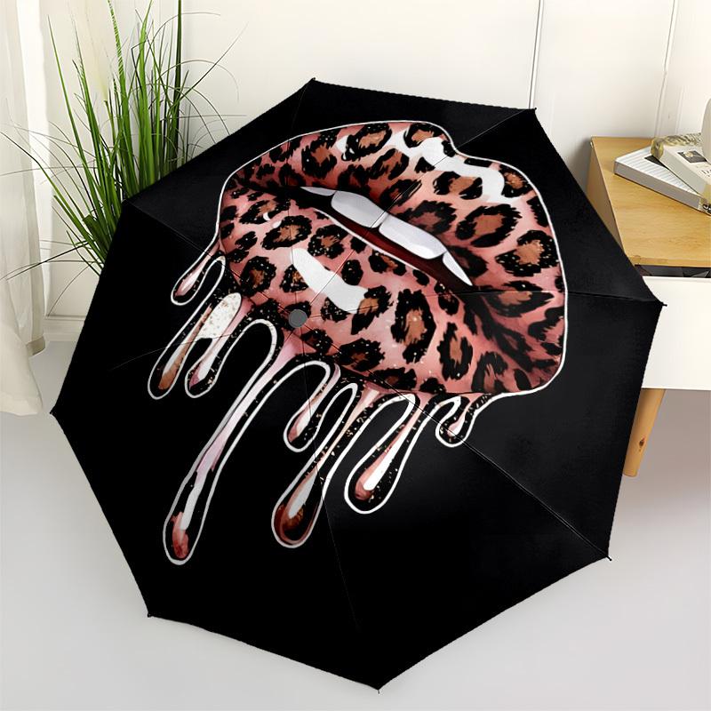 1pc Leopard Print Lips Automatic Open/close Umbrella, 8-Rib Sturdy Structure, Auto Folding/Opening, Portable Travel Umbrella for Women031