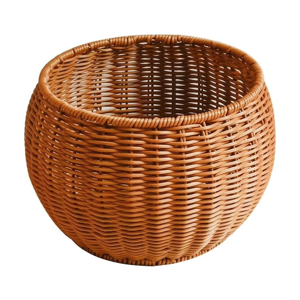 Tea-Brown Woven Organizer Tabletop Round Belly-Shaped Basket Rustic