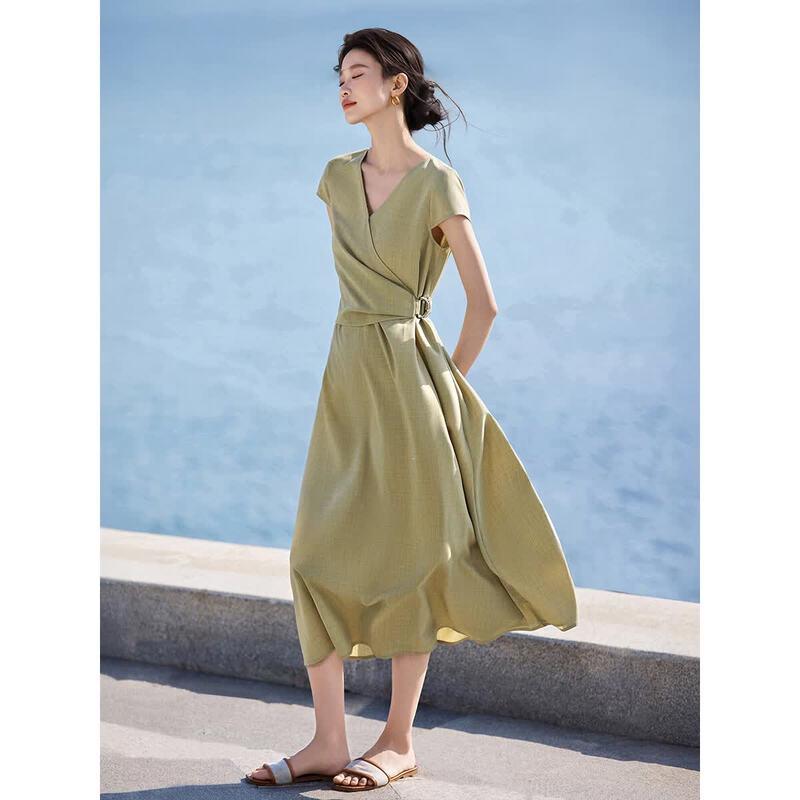 MohanyiMei French Style V-Neck Tie-Waist Long Dress L