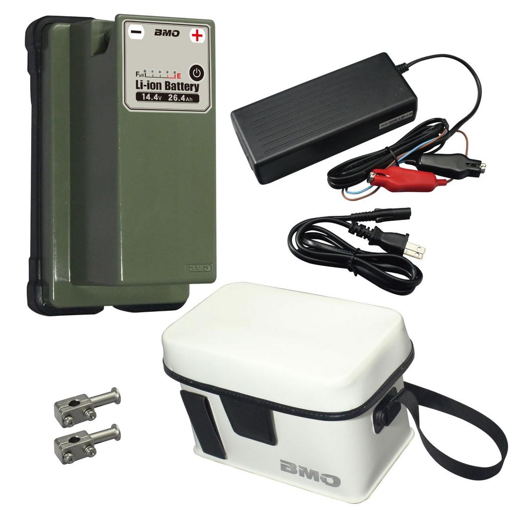 BMO JAPAN Lithium-ion 14.4V 26.4Ah Battery with Charger, Bag, and Electrode Set for Electric Fishing Reels, Large Capacity