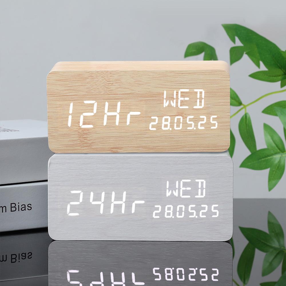 Perpetual Calendar Wooden Clock Electronic Clock Date Week Temperature Display Electronic Alarm Clock Voice Control Multifunction Clock
