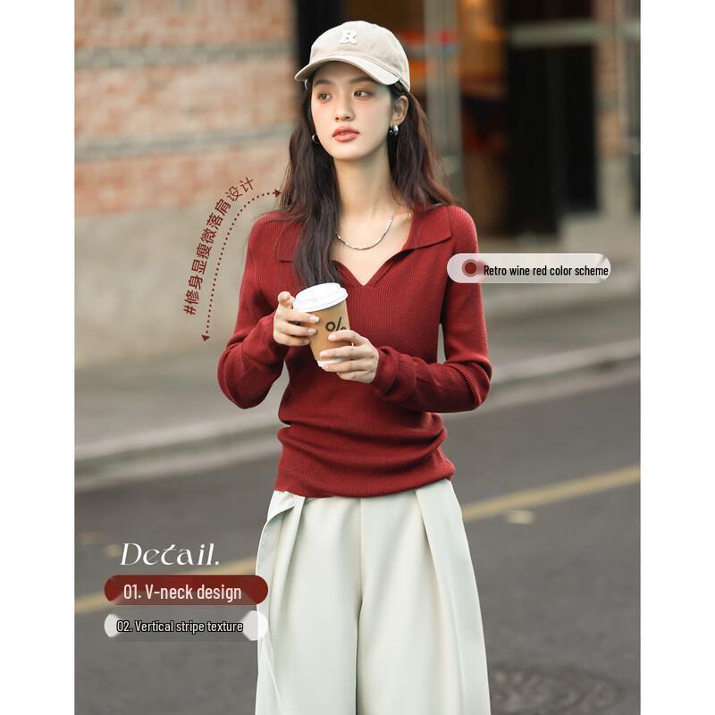 Demana 2025 Frühling/Herbst Polo-Kragen Strick Slim-Fit Top